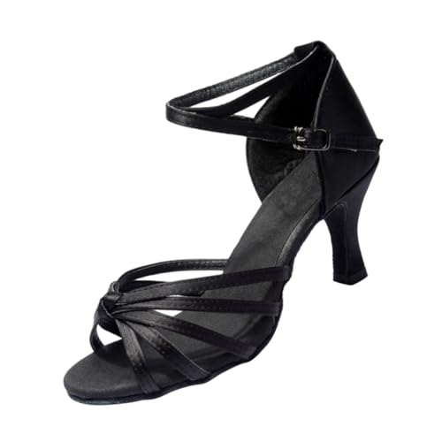 Baluue Damen Latein Tanzschuhe Satin High Heels Absatz Knotendetail Offene Zehen Stilvolle Tanzschuhe Schwarz für Salsa und Banquet von Baluue
