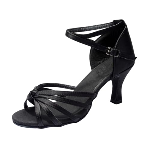 Baluue Damen Latein Tanzschuhe Satin Hoher Absatz Knöchelriemen Stilvolle Open-Toed High Heels Schwarz Für Standard Gesellschaftstanz von Baluue