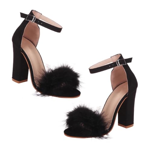 Baluue Damen Sandalen mit Chunky Heel PU und Gummi Atmungsaktiv Künstliche Wollkugel Modisch Eleganter Look Stabile Absätze Bequeme Sommerschuhe Vielseitig Kombinierbar Schwarz von Baluue