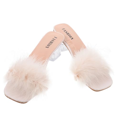 Baluue Damen Slippers mit Flauschigen Kristallklaren Blockabsätzen Modische Sommerschuhe Komfortable Rutschfeste Sandalen für Alltag und Freizeit Passend zu Röcken und Jeans Beige von Baluue