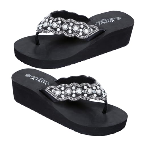 Baluue Damen Sommer Sandalen mit Perlen und Strass Verzierung Rutschfeste Leichte Strand Schuhe mit Keilabsatz Bequeme Slipper für Outdoor und Alltag Schwarz von Baluue