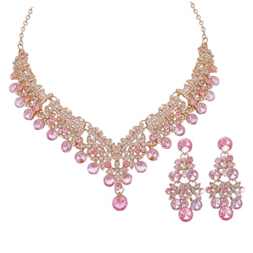Baluue Elegantes Brautschmuck Set mit Glitzernden Strass Ohrsteckern und Farbverlauf Halskette Boho Stil Schmuckset Damen für Hochzeit Party und Alltag Halskette Ohrringe in Goldrosa von Baluue