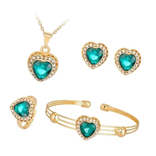 Baluue Elegantes Schmuckset Herzform Halskette Ohrringe Armband Ring Grün Modisch Damen Geschenk von Baluue