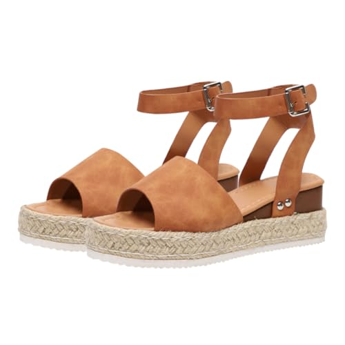Baluue Flache Sandalen Damen Sommer Flachsohle Geflochtene Espadrilles Sandalen Plateau Stil Rutschfest Leichtes Design Braun Fußbekleidung von Baluue