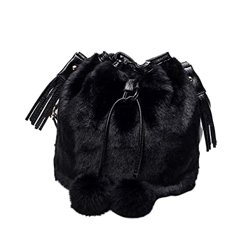 Baluue Fluffy Schwarze Umhängetasche Damen Schultertasche Geräumige Eimerform mit Kordelzug Vielseitige Handtasche für Alltag Shopping Freizeit und Party von Baluue