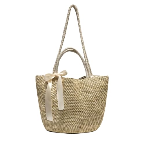 Baluue Große Strohtasche Damen Strandtasche Literarisch Geflochtene Handtasche mit Großem Fassungsvermögen Leichte Urlaubstasche Schultertasche für Outdoor Reisen Khaki von Baluue