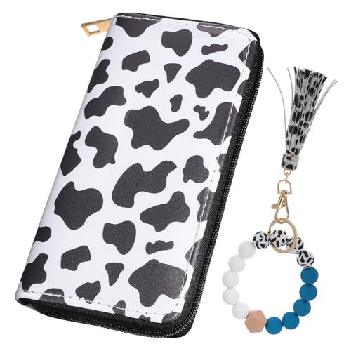 Baluue Langes Damen Portemonnaie mit Kuhmuster aus Pu Material Praktischem Reißverschluss Beaded Quasten Armband und Schlüsselanhänger Geldbörse mit Vielen Fächern für Kreditkarten und von Baluue