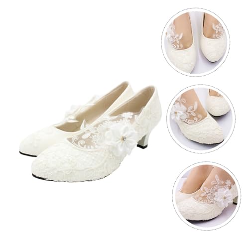 Baluue Romantische Weiße Spitzen Lederschuhe Damen Hochzeitsschuhe mit Blockabsatz Spitze Zehen Festliche Bankettschuhe für Braut und Party Komfortabel und Stilvoll von Baluue