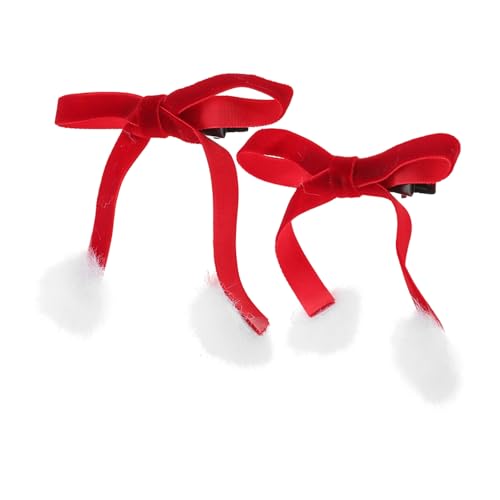 Baluue Rote Samt Haarspangen mit Pompons und Tasselbändern Weiche Haarklammern für Damen Doppelte Dekoration Festliche Haarschleifen für Weihnachten und Alltag von Baluue