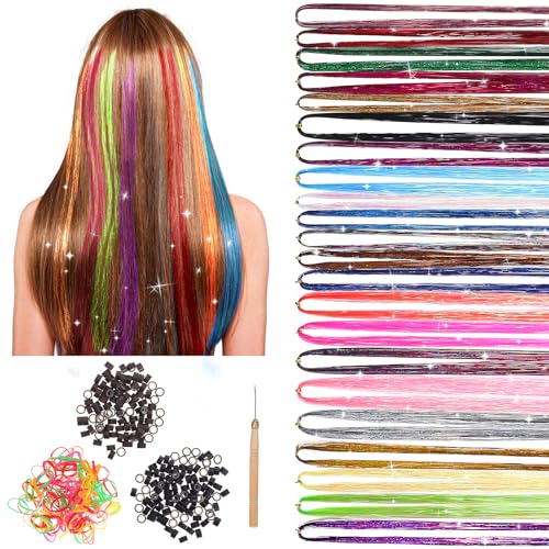 Baluue Set Aus Farbigen Haarverlängerungen Kunsthaar-Lametta Glitzer-Lametta-Haar | Haarbänder Micro-Link-Perlenschließer Mit Hakenwerkzeug Party-Haar-Accessoires Für Mädchen (22 von Baluue