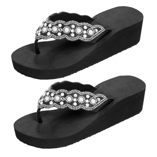 Baluue Sommer Damen Sandalen Keilabsatz mit Perlen und Glitzer Rutschfeste Bequeme Sandalen für Frauen Modische Plateau Flip Flops in Schwarz für Strand und Freizeit von Baluue