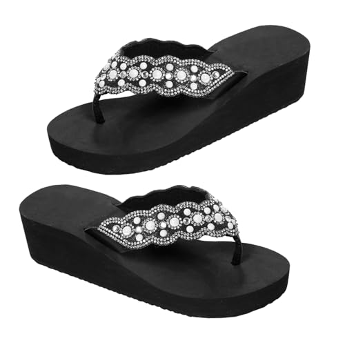 Baluue Sommer Sandalen Damen mit Perlen und Strass Bequeme Keilabsatz Flip Flops mit Rutschfester Leichte Strand Schuhe für Reise und Alltag Schwarzes Design von Baluue