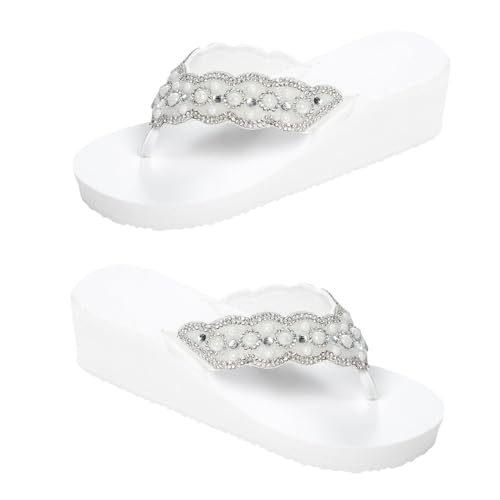 Baluue Sommerliche Damen Perlensandalen mit Strass Verzierung Rutschfeste Leichte Flache Strand Pool Schuhe Weiß Modische Bequeme Badeschuhe für Frauen von Baluue
