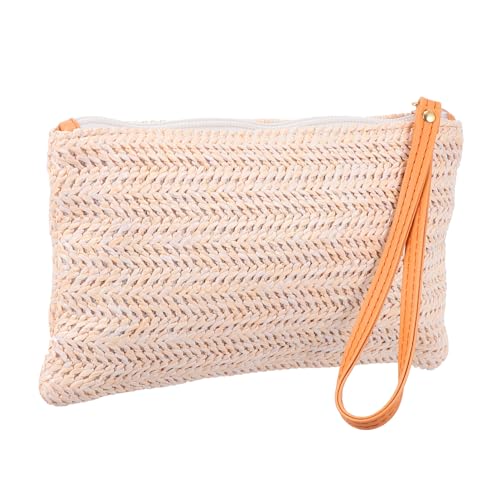 Baluue Strandtasche Damen aus Pp gras mit Reißverschluss Kleine geflochtene Handtasche als Clutch und Phone Bag Leichte Sommer Strandtasche für Party Shopping und Urlaub Sandfarben von Baluue