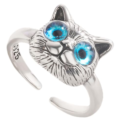 Baluue Verstellbarer Damenring Katze Design Offener Fingerring Süßer Katzenring mit Blauem Auge Charmanter Schmuck für Alltag und Party von Baluue