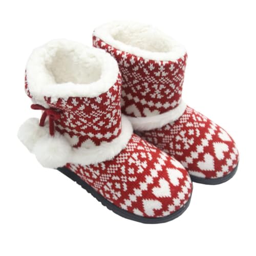 Baluue Warme Damen Baumwoll hausschuhe mit Plüschfutter Dicker Rutschfester Sohle Kuschelige Winterpantoffeln mit Weihnachtlichem Muster Komfortabel für Drinnen als Geschenk von Baluue