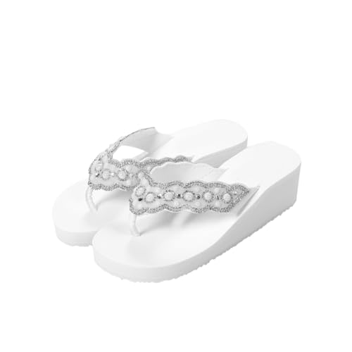 Baluue Weiße Damen Sandalen mit Perlen und Wassersteinen Rutschfeste Bequeme Keilabsatz-strandschuhe für Sommerreisen und Spaziergänge von Baluue