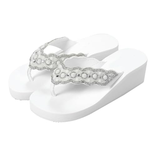 Baluue Weiße Damen Sommer Sandalen mit Perlen und Diamantbesatz Rutschfeste Flip Flops mit Keilabsatz Modische Bequeme Strandschuhe in Atmungsaktiv und Langlebig von Baluue