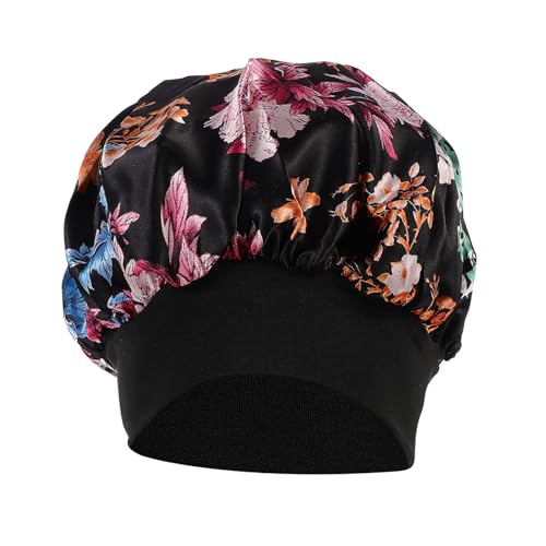 Baluue Wide Band Satin Schlafhaube Für Damen Atmungsaktive Verstellbare Nachtmütze Für Lockiges Haar Mit Elastischem Band Und Floralem Design Für Haarschutz Während Schlafs von Baluue