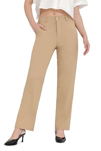 Bamans Anzughose Damen Schwarz Business Büro Freizeithose mit Taschen Gerade und Knitterfrei Modisch und Elegant Großzügig Khaki 29'' M von Bamans
