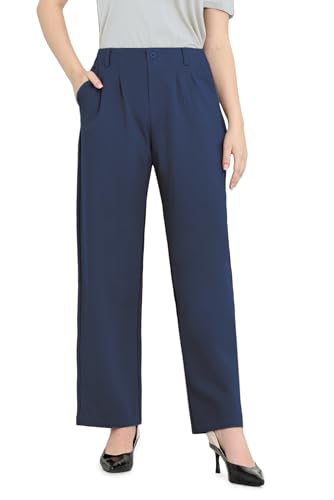 Bamans Damen Anzughose Hosenanzug Business Casual Stoffhose Elegant Straight Leg Hose High Waist Hohe Taille Mit Taschen Navy Blau XXL von Bamans