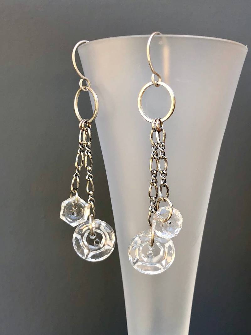 Vintage Klarglas Taste Ohrringe Mit Silber Twist Ketten & Gefüllt Ohr Drähte Cge461 von BamasButtons
