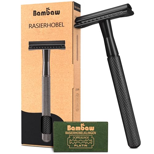 Bambaw Rasierhobel Herren und Damen mit 5 Rasierklingen | Rasierhobel Metall | Hobel Rasierer Ohne Plastik | Eco Rasierer Metall | Zero Waste Safety Razor | Rasierhobel Schwarz von Bambaw