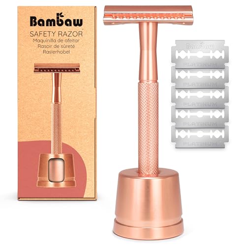 Bambaw Rasierhobel Damen | Metall Rasierer Frauen | Rasierhobel Damen mit Ständer | Damen Rasierhobel Intimbereich | Eco Rasierer Metall | Frauen Rasierhobel Rostfrei | Safety Razor | Roségold von Bambaw