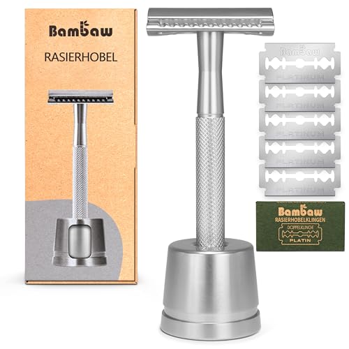 Bambaw Rasierhobel Herren und Damen mit 5 Rasierklingen | Rasier Hobel mit Rasierhobel Ständer | Rasierhobel Geschlossener Kamm | Rasierhobel Metall | Zero Waste Hobel Rasierer Herren | Safety Razor von Bambaw