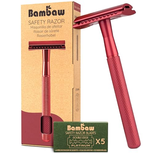 Metall Rasierer | Naßrasierer Herren und Damen | Rasierer Plastikfrei | Metall Rasierer Nachhaltig | Einklingen Rasierer | Rasierhobel Damen und Herren | Safety Razor | Rot | Bambaw von Bambaw