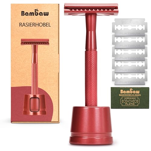 Bambaw Metall Rasierer Klassisch mit Rasierhobel Halter | Nassrasierer Herren und Damen mit 5 Rasierklingen für Rasierhobel | Eco Rasierer Metall | Safety Rasierer Nachhaltig | Rot von Bambaw