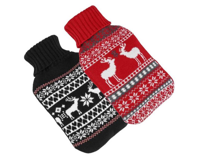 Bambelaa! Wärmflasche 2er Set Wärmflasche 2 Liter mit Bezug Flauschig Winter Rot Schwarz von Bambelaa!