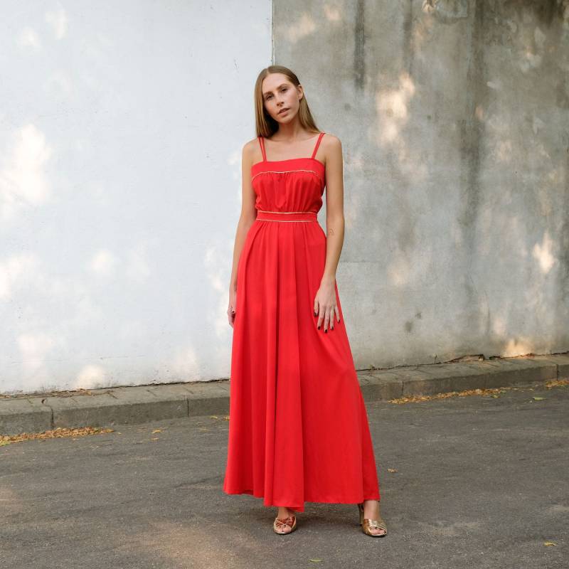 70Er Jahre Vintage Rotes Spaghetti-Träger-Kleid, Abendkleid, Maxi-Party-Kleid Lange Elegante Rote A-Linie-Träger Ärmelloses von BambiAndPeach