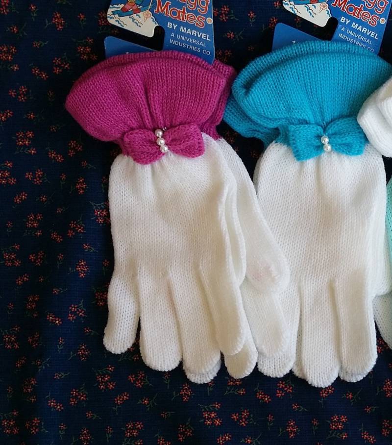 Mädchen Strickhandschuhe Weiß W Fuchsia Vintage, Schleife Mit Perlen, Größe 7 - 14 Handschuhe, Vintage Kinderhandschuhe, 90S Wear von BambiVintageKids