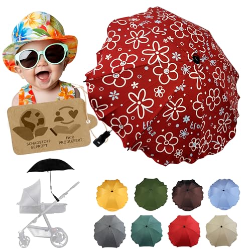 BambiniWelt by Rafael K. Sonnenschutz universal [Sonnenschirm für Kinderwagen] Buggy UV Schutz 50+ mit Universalhalterung biegsamer Schirm für Rund- und Ovalrohre verstellbar (Flowers rot) von BambiniWelt by Rafael K.