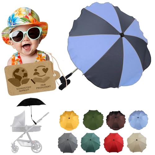 BambiniWelt by Rafael K. Sonnenschutz universal [Sonnenschirm für Kinderwagen] Buggy UV Schutz 50+ mit Universalhalterung biegsamer Schirm für Rund- und Ovalrohre verstellbar (grau-hellblau) von BambiniWelt by Rafael K.