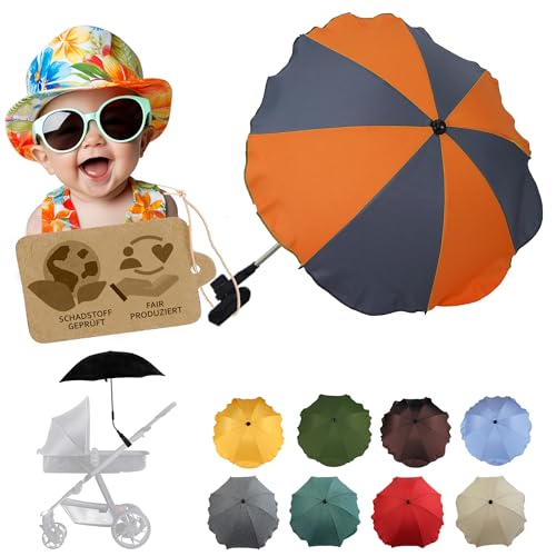 BambiniWelt by Rafael K. Sonnenschutz universal [Sonnenschirm für Kinderwagen] Buggy UV Schutz 50+ mit Universalhalterung biegsamer Schirm für Rund- und Ovalrohre verstellbar (grau-orange) von BambiniWelt by Rafael K.