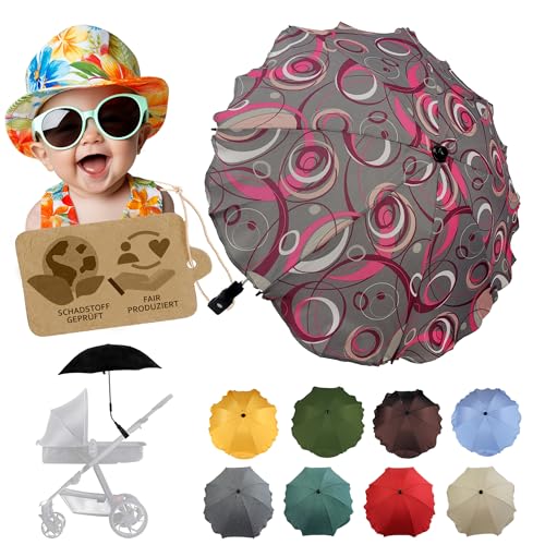 BambiniWelt by Rafael K. Sonnenschutz universal [Sonnenschirm für Kinderwagen] Buggy UV Schutz 50+ mit Universalhalterung biegsamer Schirm für Rund- und Ovalrohre verstellbar (grau-pinke Kringel) von BambiniWelt by Rafael K.