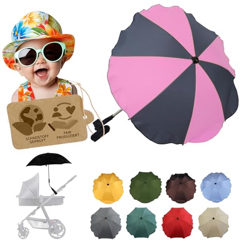 BambiniWelt by Rafael K. Sonnenschutz universal [Sonnenschirm für Kinderwagen] Buggy UV Schutz 50+ mit Universalhalterung biegsamer Schirm für Rund- und Ovalrohre verstellbar (grau-rosa) von BambiniWelt by Rafael K.