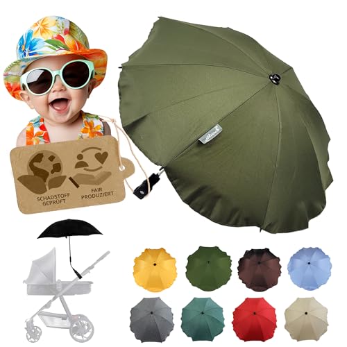 BambiniWelt by Rafael K. Sonnenschutz universal [Sonnenschirm für Kinderwagen] Buggy UV Schutz 50+ mit Universalhalterung biegsamer Schirm für Rund- und Ovalrohre verstellbar (olive) von BambiniWelt by Rafael K.