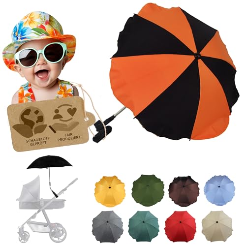 BambiniWelt by Rafael K. Sonnenschutz universal [Sonnenschirm für Kinderwagen] Buggy UV Schutz 50+ mit Universalhalterung biegsamer Schirm für Rund- und Ovalrohre verstellbar (schwarz-orange) von BambiniWelt by Rafael K.