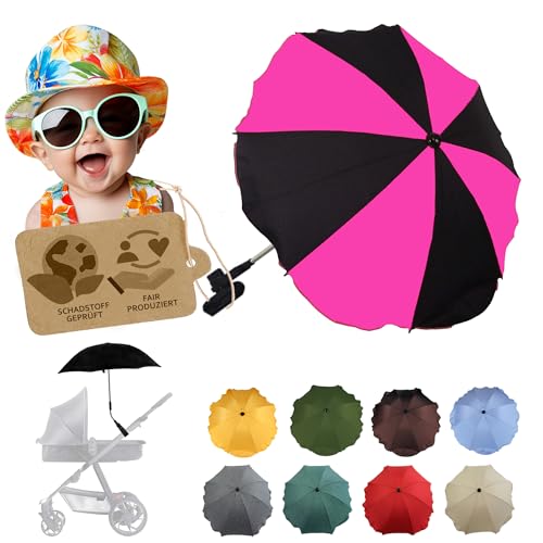 BambiniWelt by Rafael K. Sonnenschutz universal [Sonnenschirm für Kinderwagen] Buggy UV Schutz 50+ mit Universalhalterung biegsamer Schirm für Rund- und Ovalrohre verstellbar (schwarz-pink) von BambiniWelt by Rafael K.