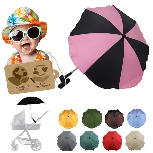 BambiniWelt by Rafael K. Sonnenschutz universal [Sonnenschirm für Kinderwagen] Buggy UV Schutz 50+ mit Universalhalterung biegsamer Schirm für Rund- und Ovalrohre verstellbar (schwarz-rosa) von BambiniWelt by Rafael K.