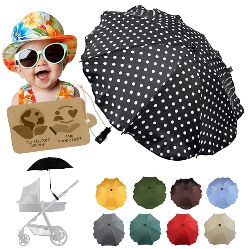 BambiniWelt by Rafael K. Sonnenschutz universal [Sonnenschirm für Kinderwagen] Buggy UV Schutz 50+ mit Universalhalterung biegsamer Schirm für Rund- und Ovalrohre verstellbar (schwarz-weiß Punkte) von BambiniWelt by Rafael K.