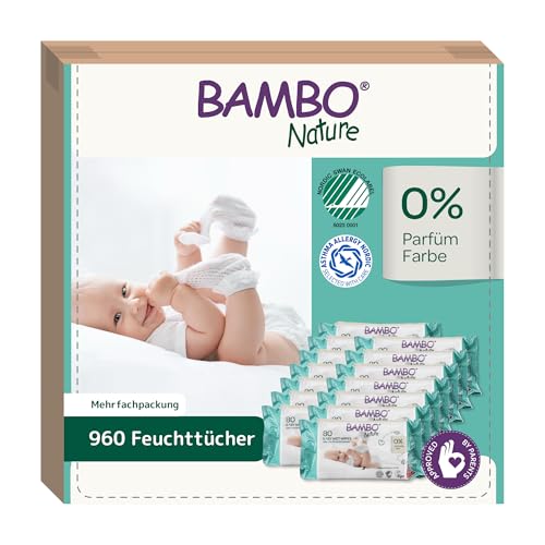 Bambo Nature Baby-Feuchttücher - 960 Tücher - 12er Vorratspack | Feuchtigkeitsspendende sanfte Tücher | Unparfümiert & Hypoallergen | Perfekt für empfindliche Haut & Neugeborene | Für Unterwegs von Bambo Nature