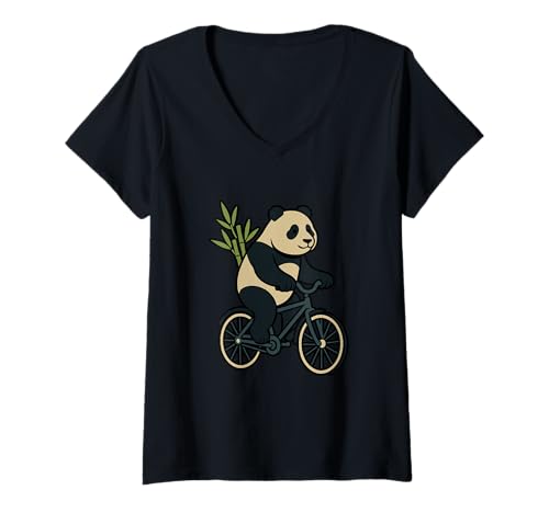 Damen Panda Reiten Fahrrad Lustige Radfahren Cartoon Grafik T-Shirt mit V-Ausschnitt von Bamboo Pedals and Animal Apparel