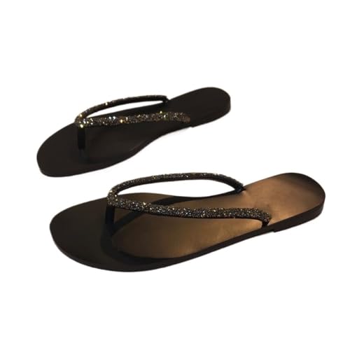 Bamboo Sea Sandale, Schwarze Flip-Flops-Sandalen for Damen – Sommer, Strand, flach, bequem Duschschuhe(40 EU) von Bamboo Sea