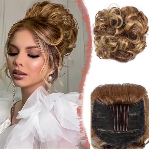 Dutt, Großes Messy Bun-Haarteil for Frauen – Synthetischer Haarknoten mit Kordelzugkamm Perücken(Light brown gold variegated) von Bamboo Sea