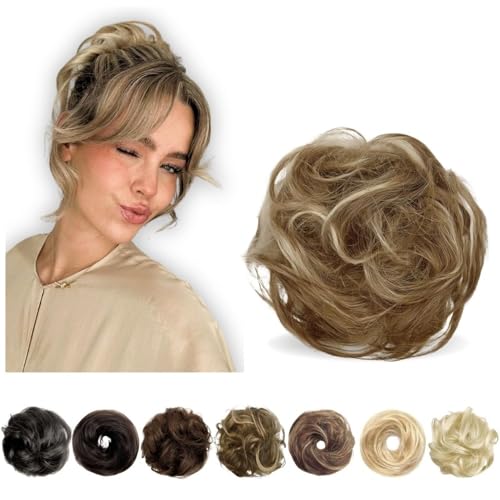 Dutt, Messy Bun Haarteil for Frauen Echthaar Donut Hochsteckfrisur mit Haargummi Perücken(Light brownish gold) von Bamboo Sea