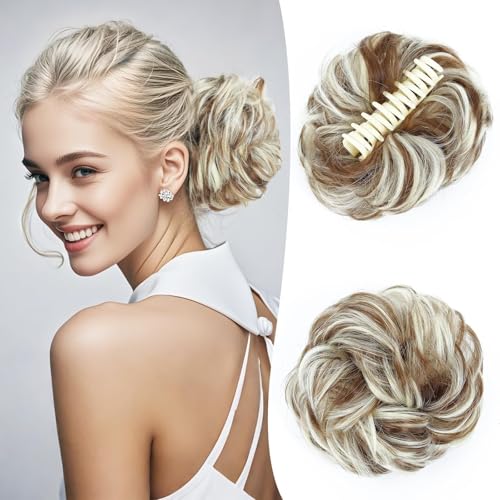 Dutt, Messy Bun Haarteil – gewellte Klammer – synthetische Fake Buns for den Alltag von Frauen Perücken(Brown and gold variegations) von Bamboo Sea